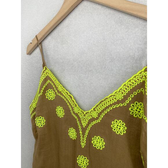 ZARA Dress M 100% Linen Embroidered Eyelet V Neck Slip Sun Midi Boho Flowy Brown - Picture 2 of 11